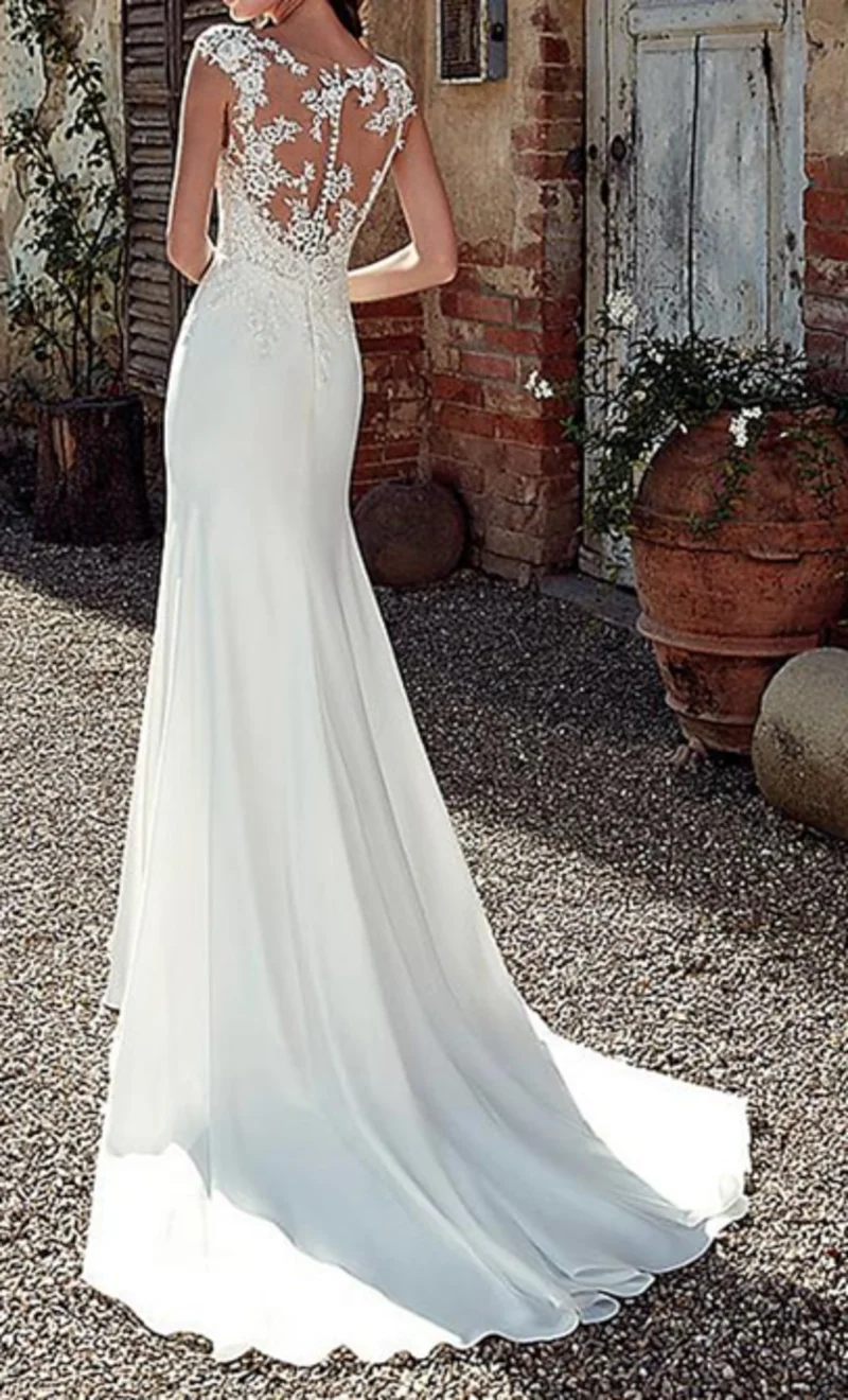 Chiffon Bridal Gowns With Appliques Fall Wedding 2024 Beach Open Back Simple Wedding Dress Mermaid / Trumpet Illusion Neck Cap S