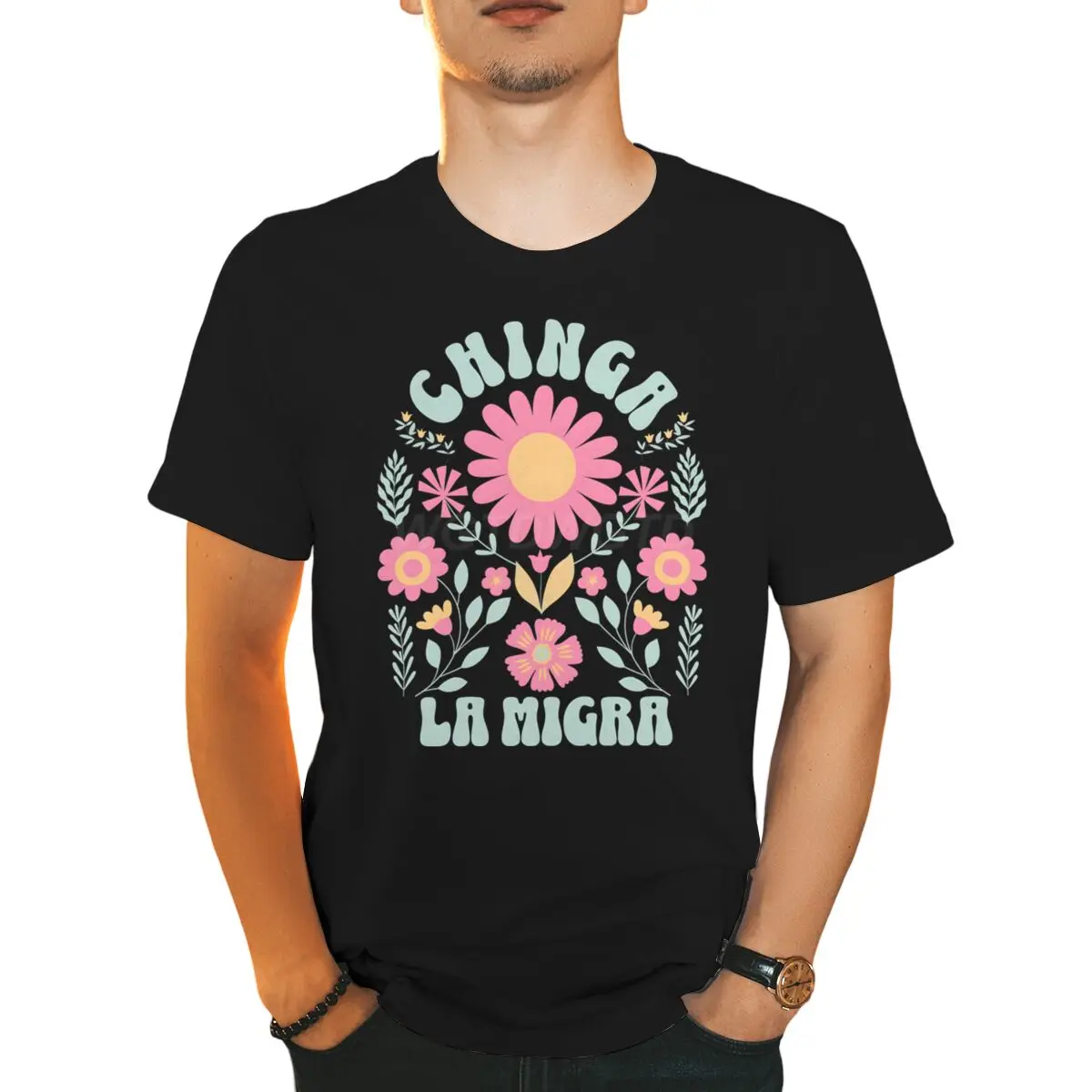 Camiseta con estampado Floral divertido de Chinga La Migra para hombre, camisetas gráficas de manga corta de calle de verano, camisetas informales, ropa para hombre
