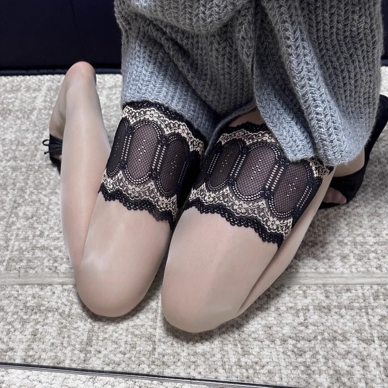 

Women See Through Sexy Stockings Non-slip Lace Oil Shiny Silky Medias Party Club Wear For Dress Wide Tube Top Black Stockings