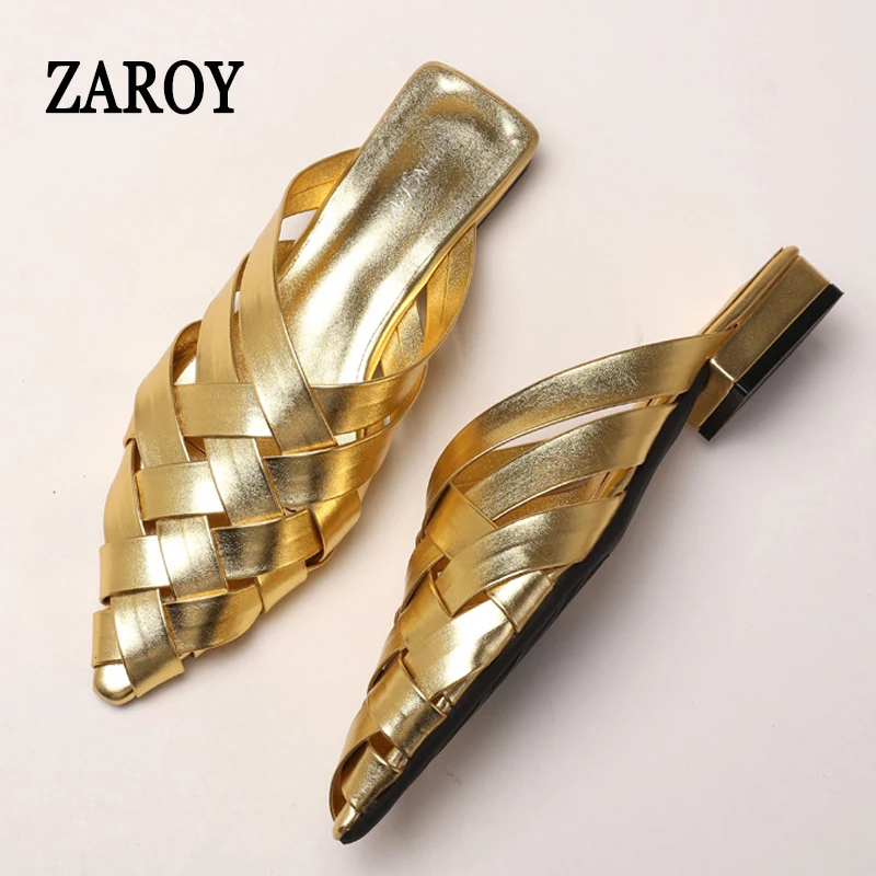 Woven Mules Outdoor Slippers Summer Beach Casual Slides Shoes Point Toe Low Heel Sandals Women Muller Zapatos Big Size 43 мюли 뮬