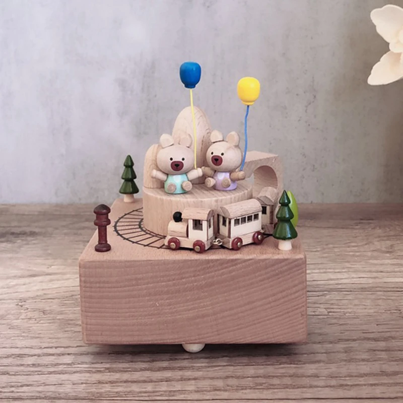 Balloon Bear Train Music Box Female Gift Desktop Decoration Wooden Music Box Office Children's Gift Toy Christmas Gift