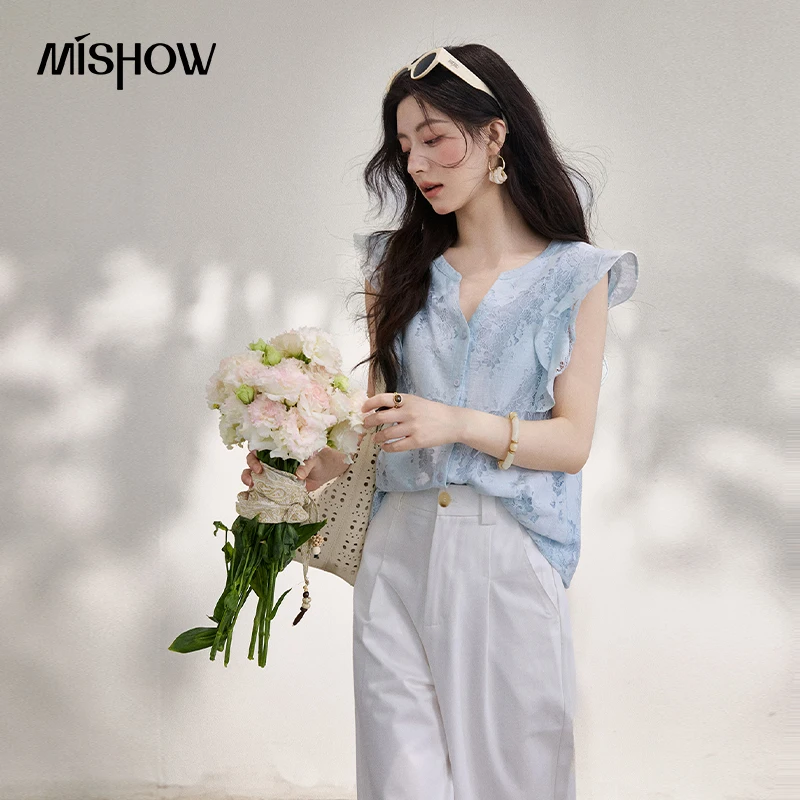 

MISHOW Blue Hollow Flower Embroidery V-Neck Flying Sleeve Shirt For Women 2026 Summer New French Elegant Romantic Top MXF24C2481