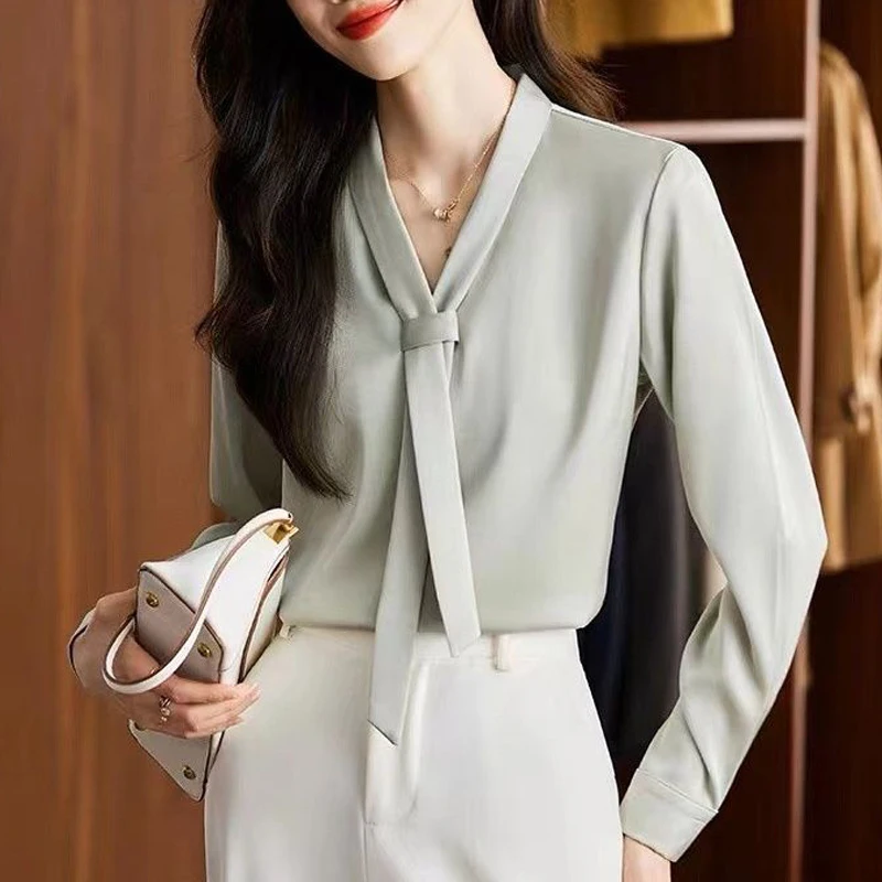 Women Fashion Bow Tie Chic Elegant Blouse Autumn Office Lady Business Casual Shirts Solid V Neck Long Sleeve Tops Chiffon Blusas