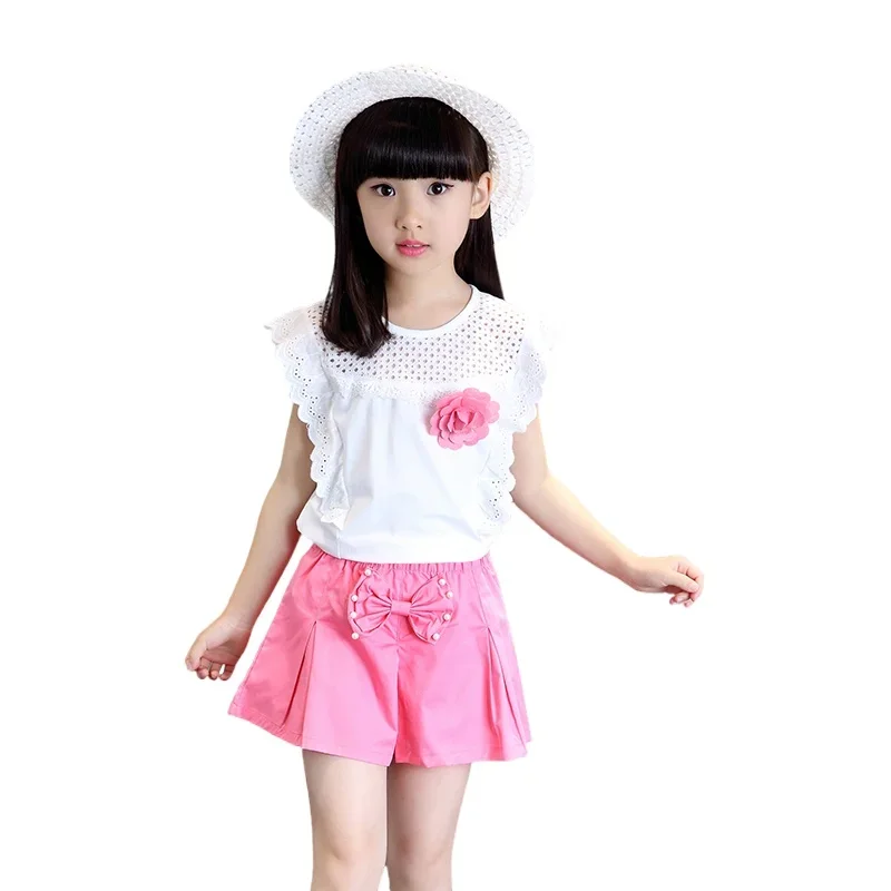 Manis Fashion bayi perempuan lengan pendek Set celana pendek putih Hollow T-shirt busur dekorasi musim panas pakaian olahraga anak-anak besar 2 3 4 6 12 tahun