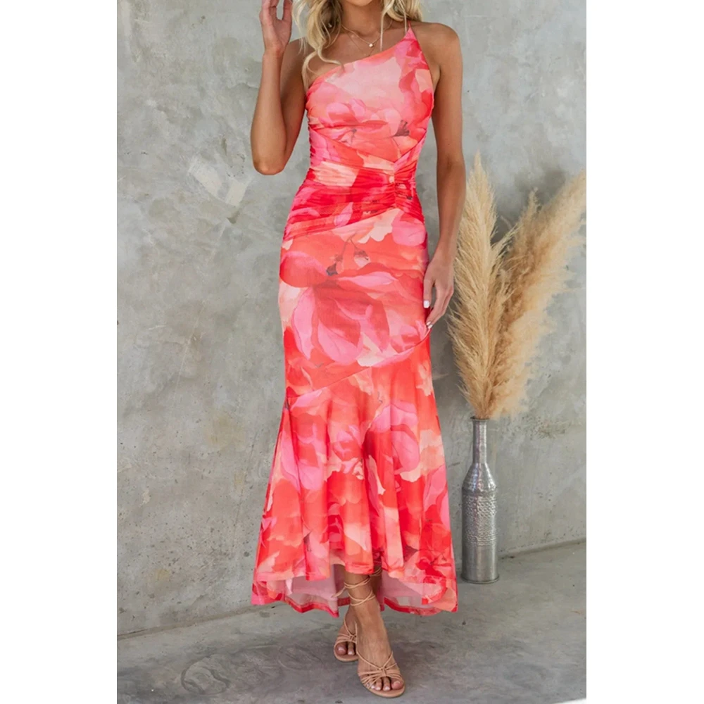 Women's Fashion Flower Print Skew Collar Sleeveless Maxi Dress Casual Boho Style Dresses Irregular Hem Elegant Dress Beach Dress