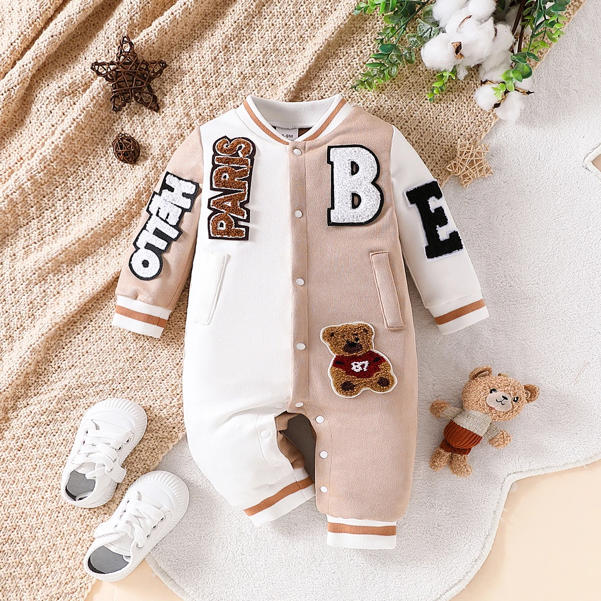Autumn and Winter Baby Boy Fashion Personality Three-Dimensional Letter Seal Embroidery Suede Fabric Jumpsuit
