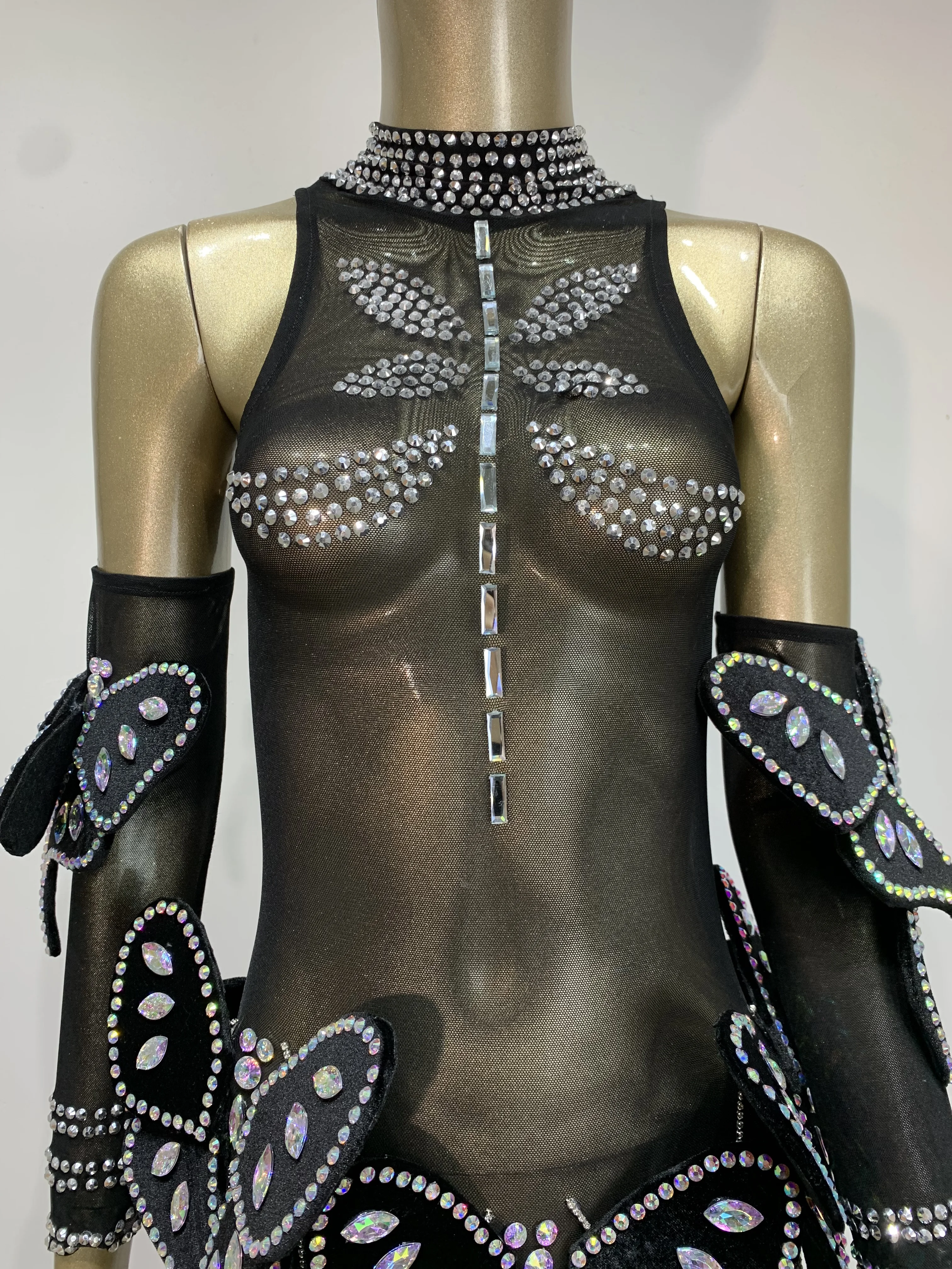 Body extensible avec chaîne papillon et strass scintillants pour femmes, avec manches, maille transparente, Costume de scène pour chanteur DJ en boîte de nuit