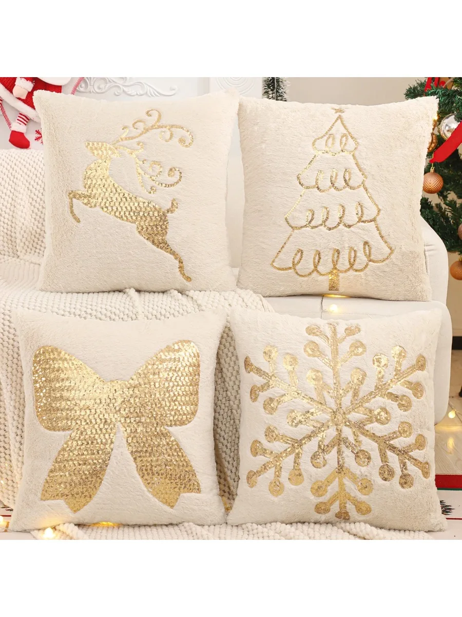 3 Funda De Almohada Decorativa Navideña, Piel Sintética, Copo De Nieve, Lazo De Reno, Árbol De Navidad, Felpa De Invierno, Granja