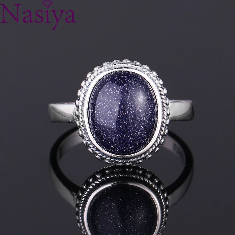 Nasiya Elegant Simple Oval Blue Sandstone Rings Women Girls S925 Silver Fashion Jewelry Anniversary Engagement Party Gift