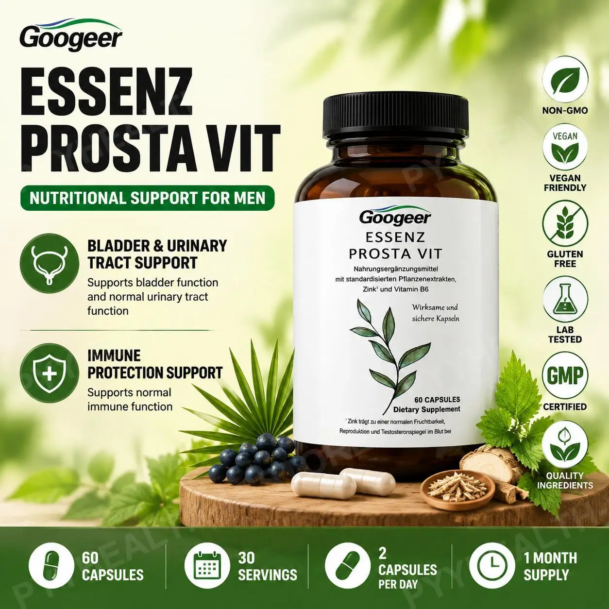 

Googeer Saw Palmetto Nettle Root Extract Capsules with Vitamin B6 Zinc Mens Botanical Blend Daily Wellness Support 60 Capsules