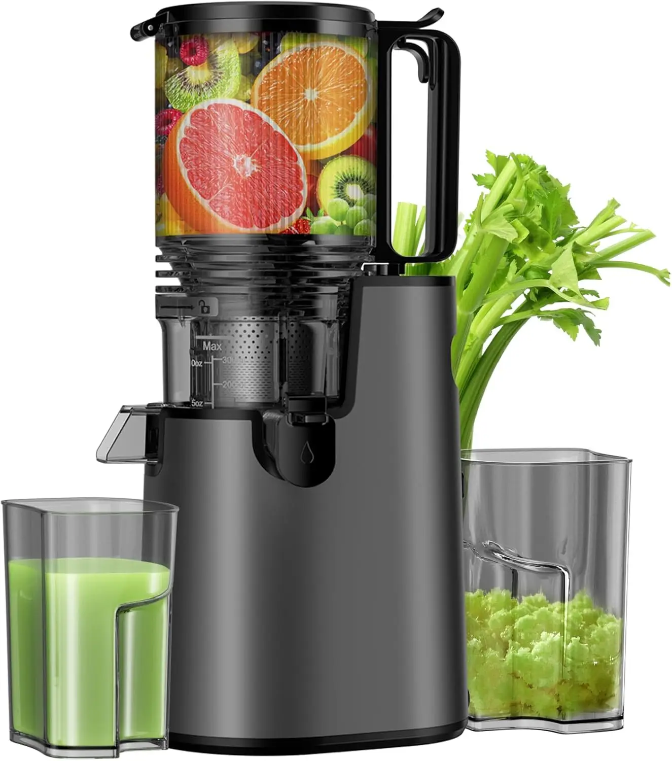 

Cold Press Juicer with 5.4" Wide Feed Chute for Whole Fruits and Vegetables, High Juice Yield, Easy to Clean in Black