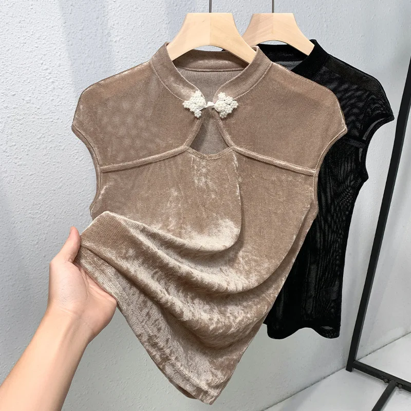 

Soft New Chinese Style Buckle Top Women Retroblack Base Shirt Sexy Hollowed Out Qipao Top Elegant T-Shirt Mesh Tang Clothes