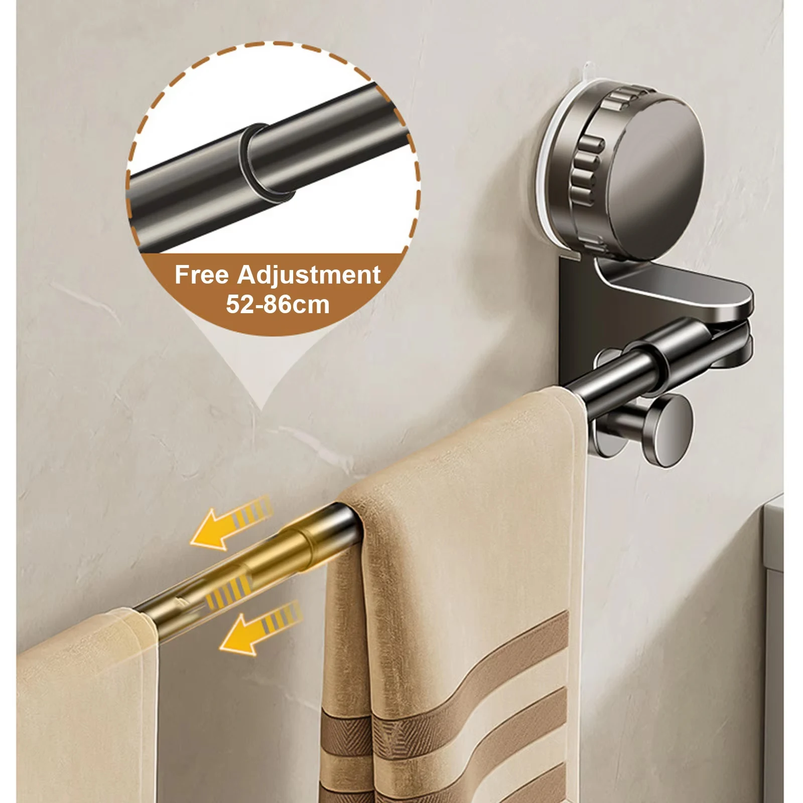 Adjustable Bathroom Hand Towel Rack Suction Cup Towel Holder Wall Mount No Drill Mount 50-85cm Towel Bar Aluminium with Hook view 6