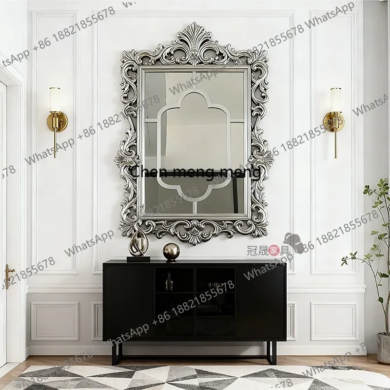 European retro fireplace decoration carved makeup mirror French villa entrance background wall wall wall hanging square mirror