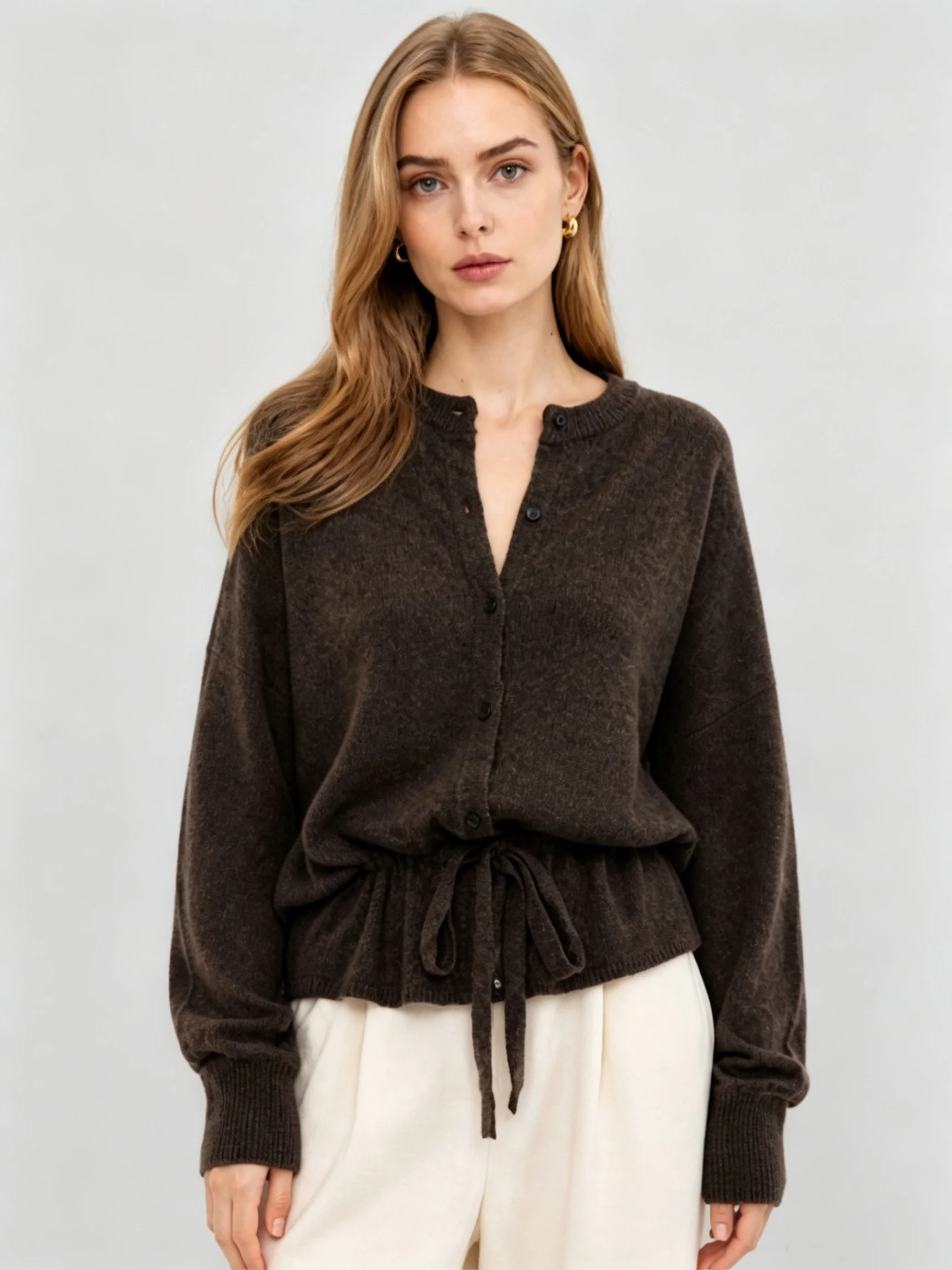 LIMO Round Neck Button Down Drawstring Hem Loose Long Sleeve Knit Cardigan