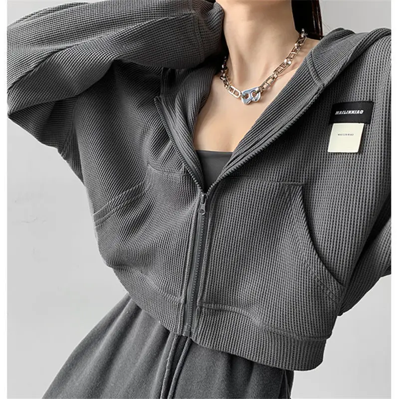 Deeptown Harajuku Frauen Sweatshirts koreanische Mode Sport bekleidung weibliche Reiß verschluss Hoodies Vintage Streetwear Basic Casual Cropped Top