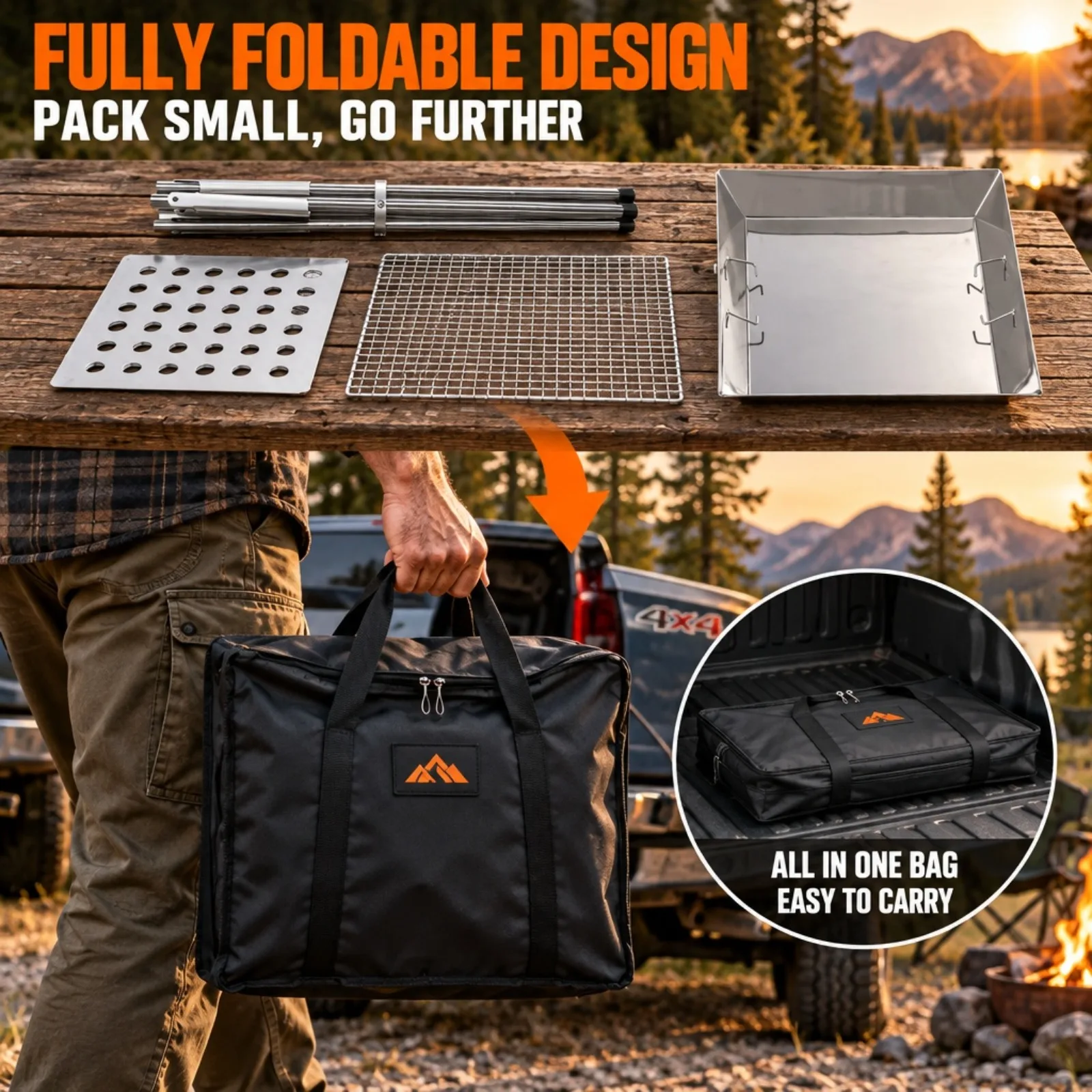Goture Portable Stainless Steel Camping BBQ Grill Foldable Detachable Barbecue Fire Pit with Storage Carry Bag for Outdoor