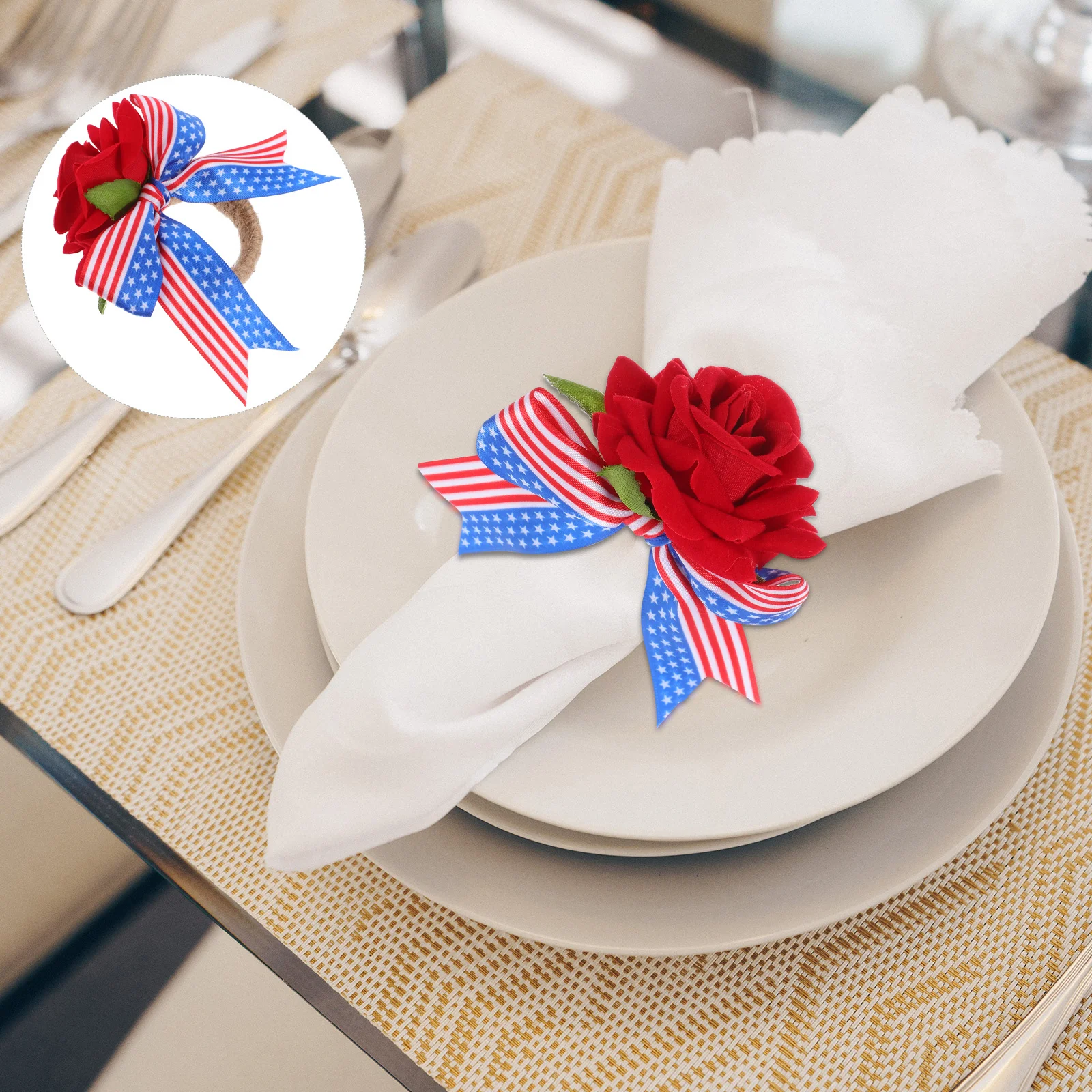 

Napkin Ring Holder Patriotic Ribbon Jute Rope Artificial Rose Decorative Napkin Buckle Independence Day Party Serviette Holder