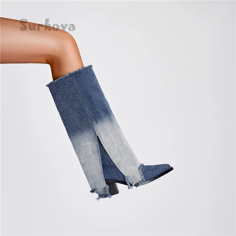 Gradient Denim Boots Sexy Retro Pointed Toe Chunky Heel High Heels Mid-Calf Pants Tube Skirt Boots Punk Large Size Women's Shoes