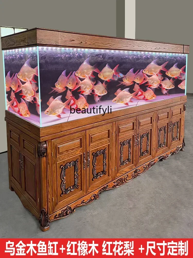 Solid Wood Fish Tank Living Room Large Bottom Filter Padauk New Chinese Aquarium Super White Dragon Fish Tank