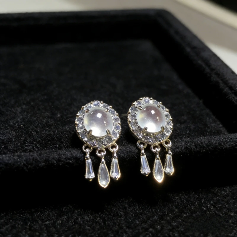 New Glass Egg Surface Ear Jewelry Imitation White Ice Chalcedony Tassel Earrings Plated 925Temperament Generous Elegant Earrings