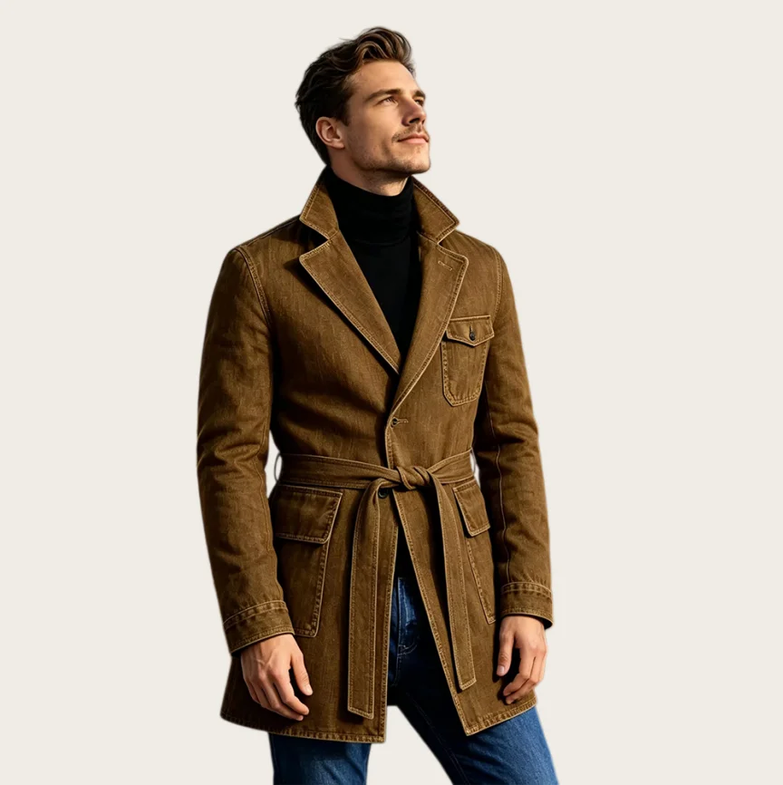 Men's Brown Denim Trench Suit Retro Slim Fit with Waist Belt Notched Lapel Flap Pocket Casual Washed Jean Jacket for Street Wear