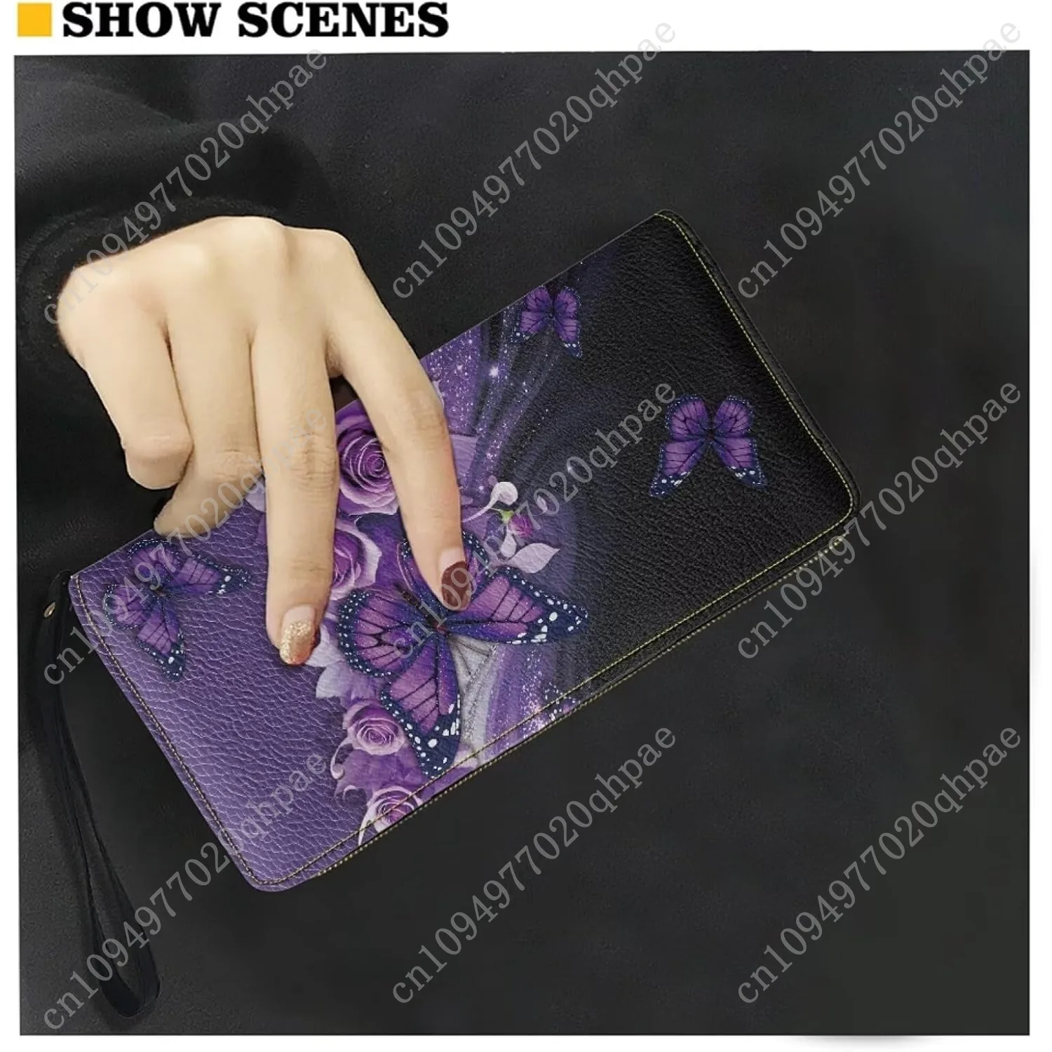 Purple Butterfly Rose Floral Print Long Wallet Ladies Long Wallet PU Leather Card Holder Large Capacity Zip Around Clutch Purse