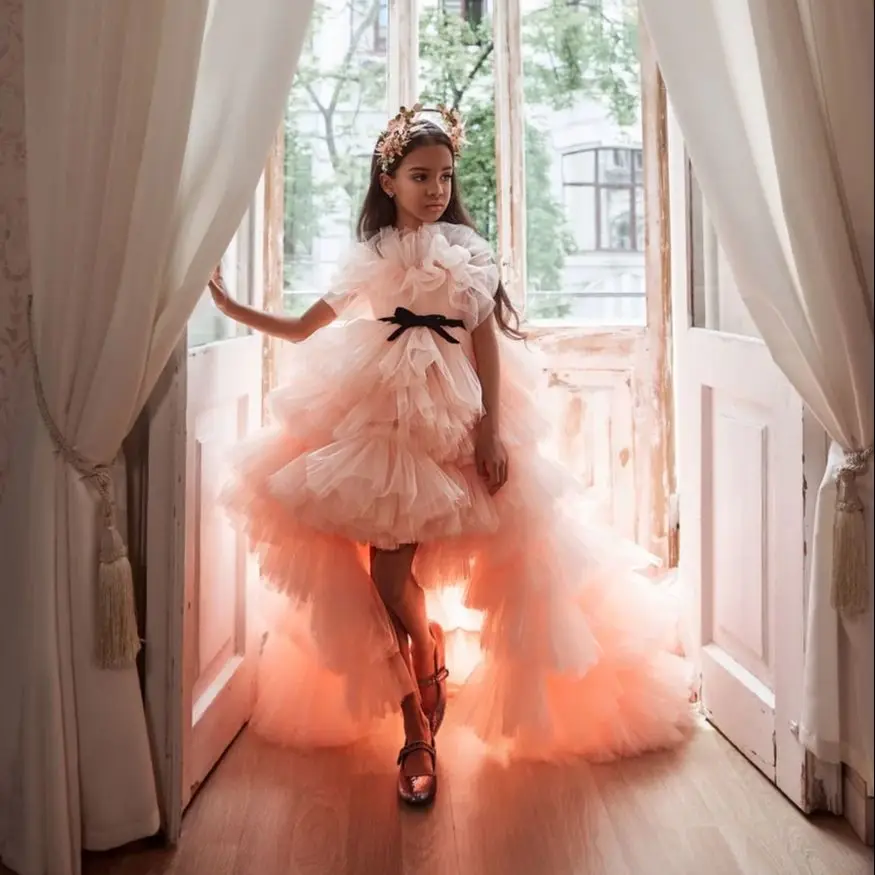 Mini vestido de quinceañera rosa, vestido de baile sin tirantes de tul con volantes, vestidos de niña de flores para bodas, vestidos de desfile mexicano para bebé