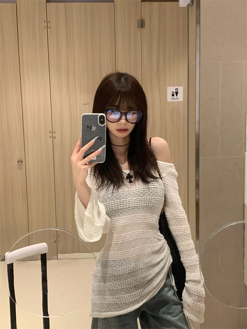 Hollow Out Long Sleeve Knitwear Summer New Beach Cover Up Drawstring Off Shoulder Design Solid Slim Irregular Pullover Women