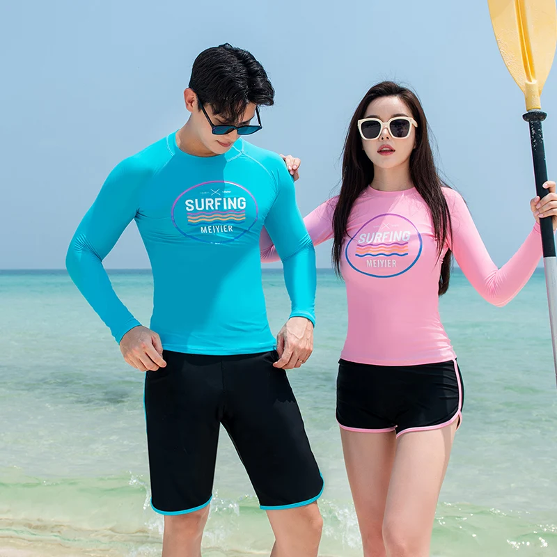 

2024 Korean Matching Couple Swim Suit Men/Women Rashguard Diving Surf Wear For Lovers Long Sleeve UV Rash Guard Set Plus Size