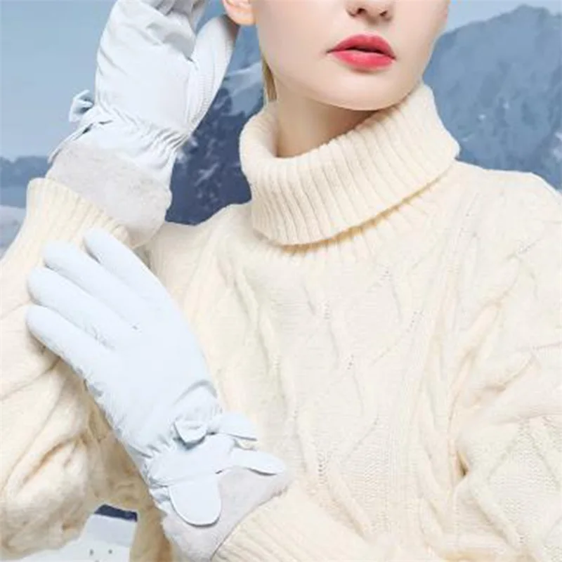 Ladies Winter Gloves Cute Bear Ears Bow Fury Patch Warm Touchscreen Gloves Thick Fingered Daily Cold  Waterproof Riding Gloves