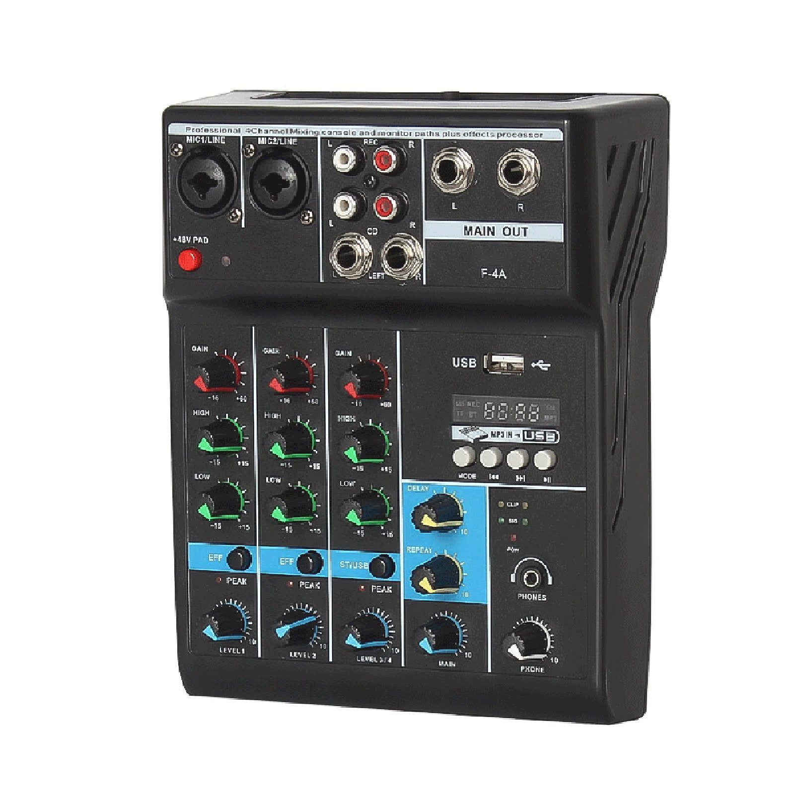 Professional 4-Channel Mixing Console Mini USB Mixer with Sound Card Effects Console Computer Tuning Soundcard Mixer