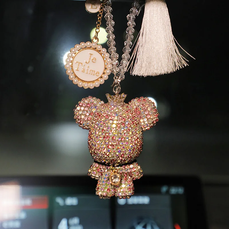 Moda kryształ Cartoon ponury niedźwiedź samochód wiszące ozdoby Rhinestone frędzle kryształ wisiorek lusterko wsteczne dekoracji samochodu — zdjęcie 3