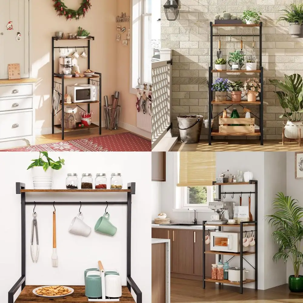 

4-Tier Kitchen Baker's Rack with Storage, Coffee Bar, and Microwave Stand, S-Shape Hooks, Rustic Brown & Black