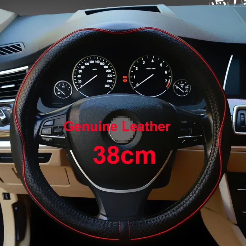 Genuine Leather Universal Black Car Steering Wheel Cover Protector w/Stylish Red Thread Stitching 38cm Diameter