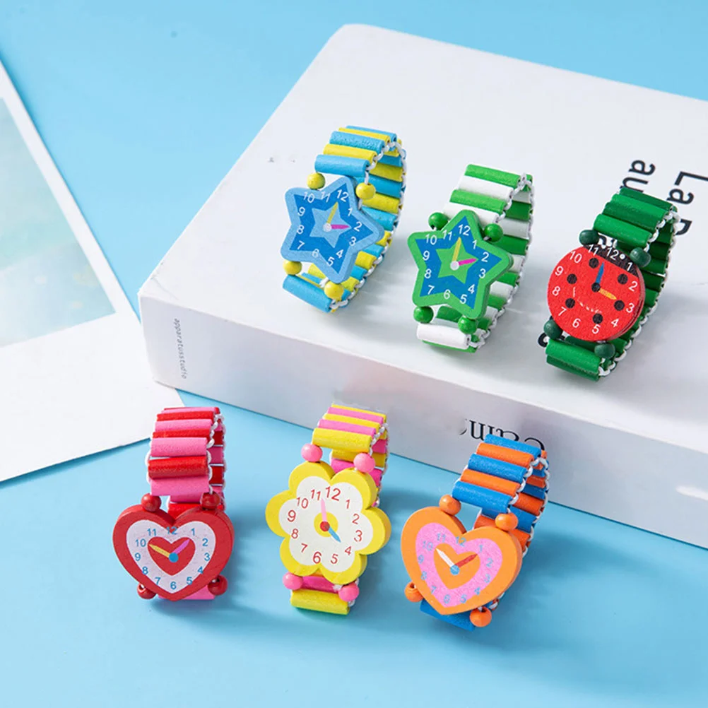 5Pcs Colorful Wooden Cartoon Watches Simulation Bracelet Educational Time Cognitive Early Learning Play