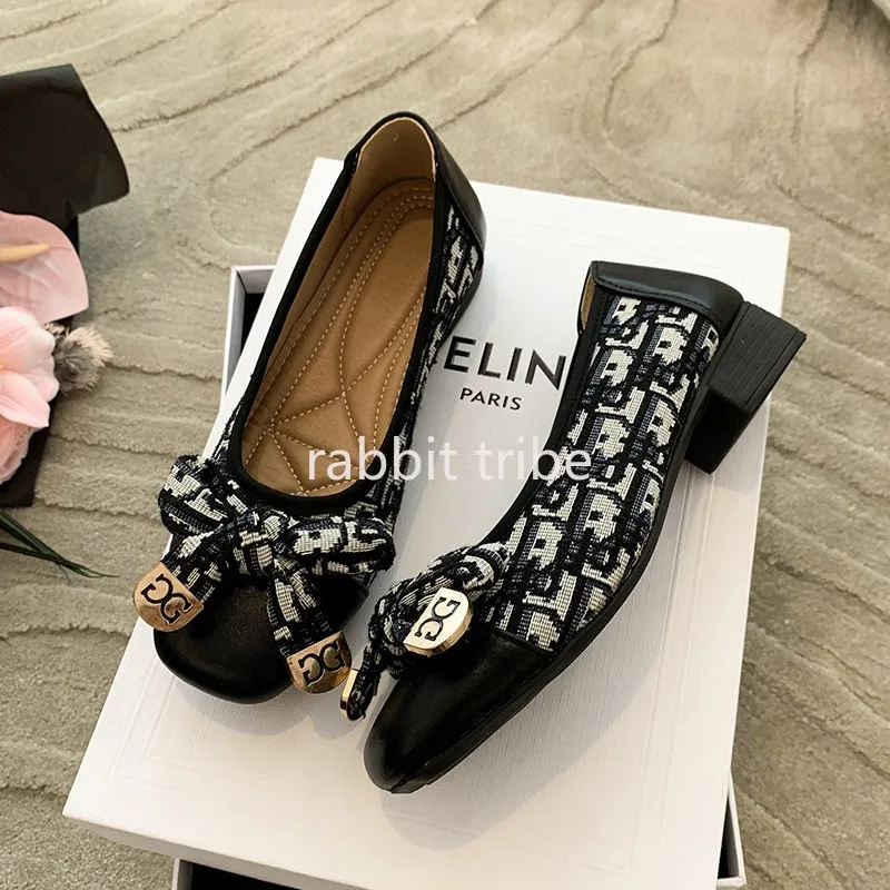 Comfortable French Womens Single Shoes for Women Sexy Style Square Head Embroidery Skirt Low Heels Small Fragrant Bean Shoes
