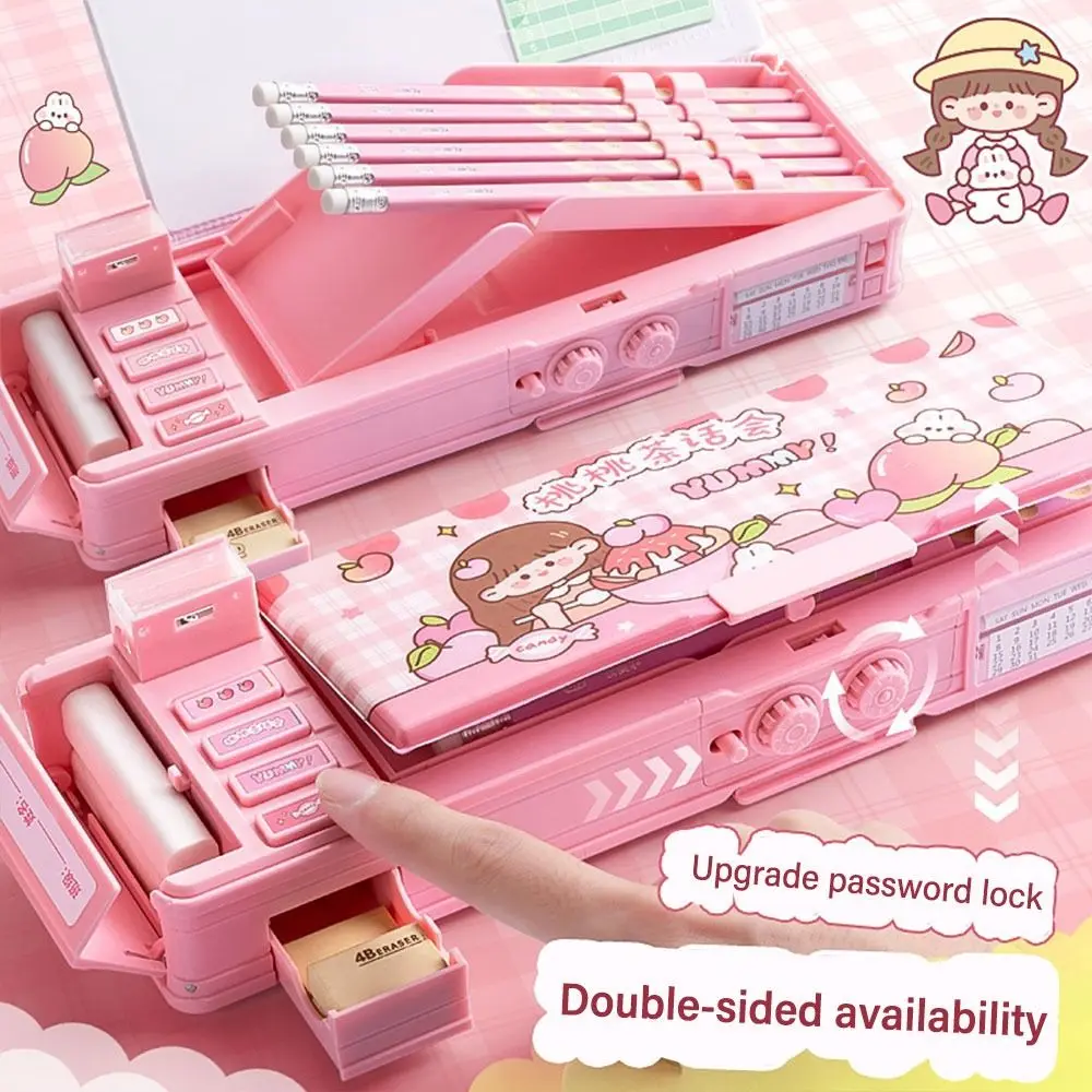 Double-layer Double Password Lock Pencil Case Student Multi-Functional Mechanism Pencil Box Stationery Storage BoxLarge Capacity