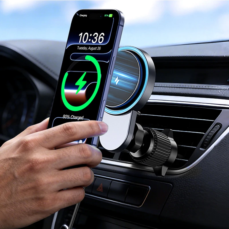 

Магнитное беспроводное зарядное устройство 25 Вт с охлаждающим вентилятором для iPhone 17/16/15/14/13/12, автомобильный держатель для телефона на вентиляционную решетку с зарядкой 63 Вт
