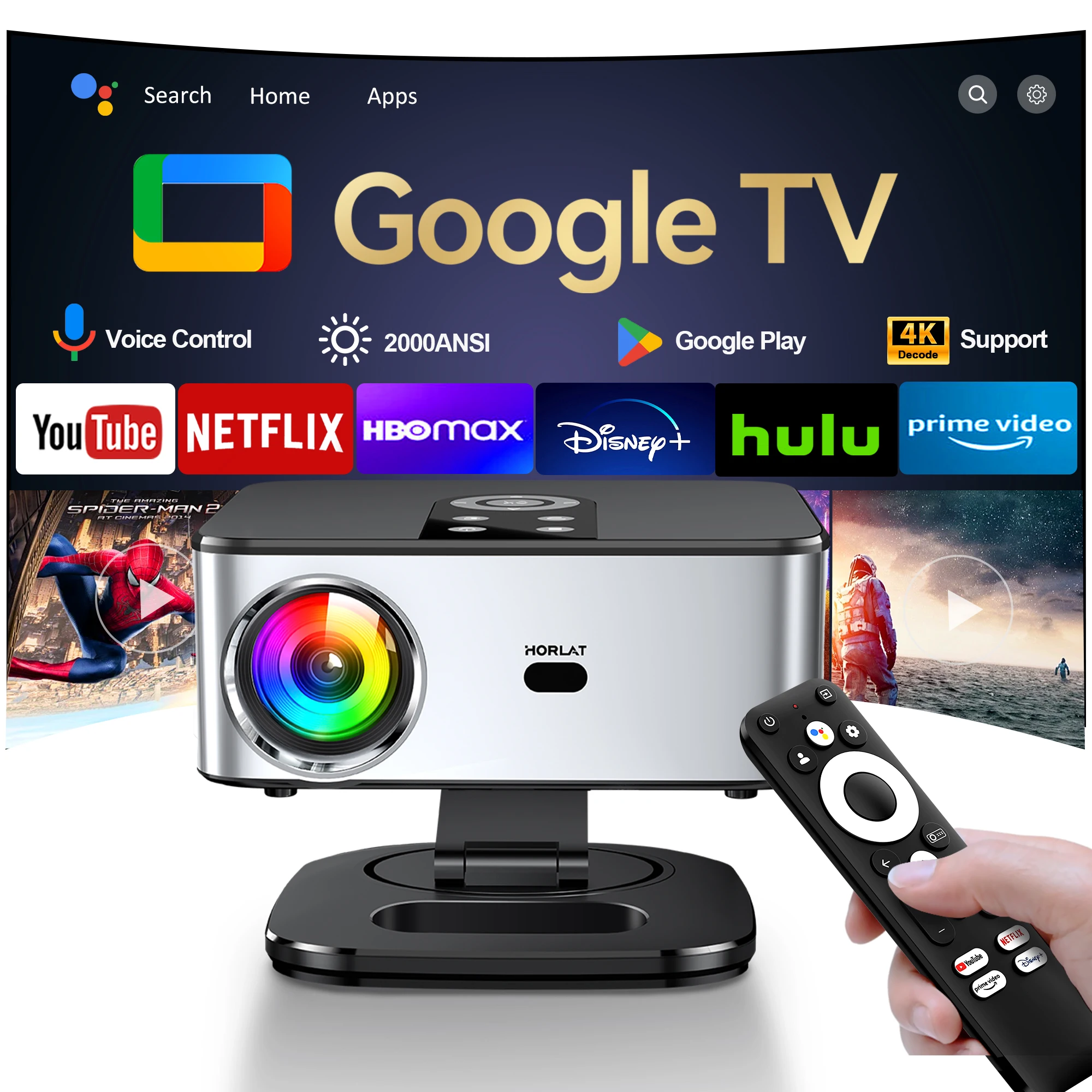 HORLAT T03MAX Google TV Projector Full HD 1080P Android Beamer 2000 ANSI Lumen WiFi 6 3D 4K Ondersteuning Smart Home Theater Projector