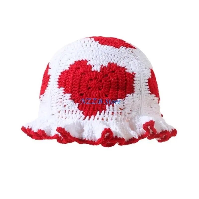 

T21F Handmade Fisherman Hat Handwoven Heart Crocheted Hat for Music Festival