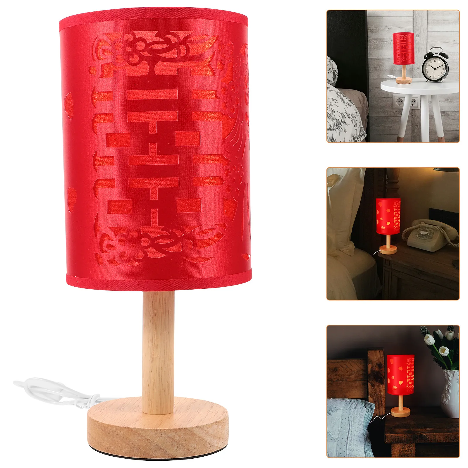 

Wedding Bedside Table Lamp Iron Wood Cloth Construction Warm Ambient Light for Bedroom Living Room Nightstand Modern Decorative