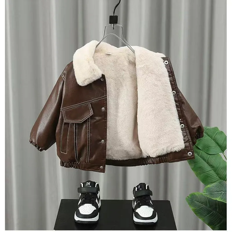 

Boys' Leather Jacket Children's New Cool And Handsome Winter Plus Plush Thick Jacket Kids Coat
