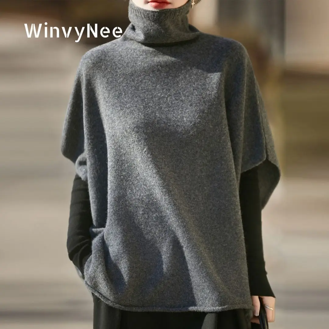 WinvyNee Women's 100% Pure Wool Turtleneck Cozy Versatile Daily Outerwear Knitted Winter Spring Warm Cape Wrap Shawl G1673008
