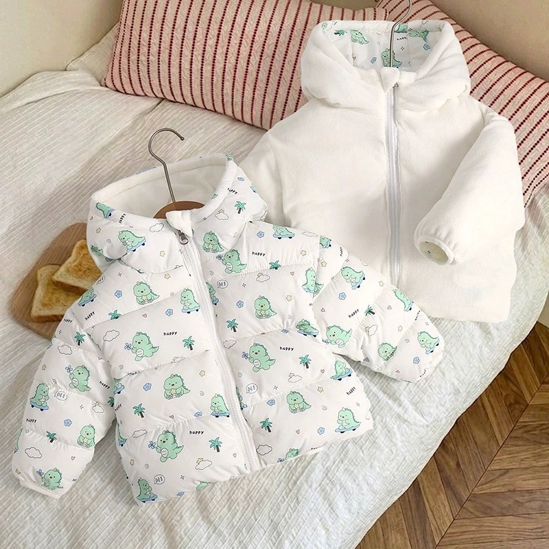 2-6 Years Kids Winter Reversible Down Cotton Jacket Fashion Cartoon Print Hooded Coat Fleece Warm Outerwear for Boys Girls