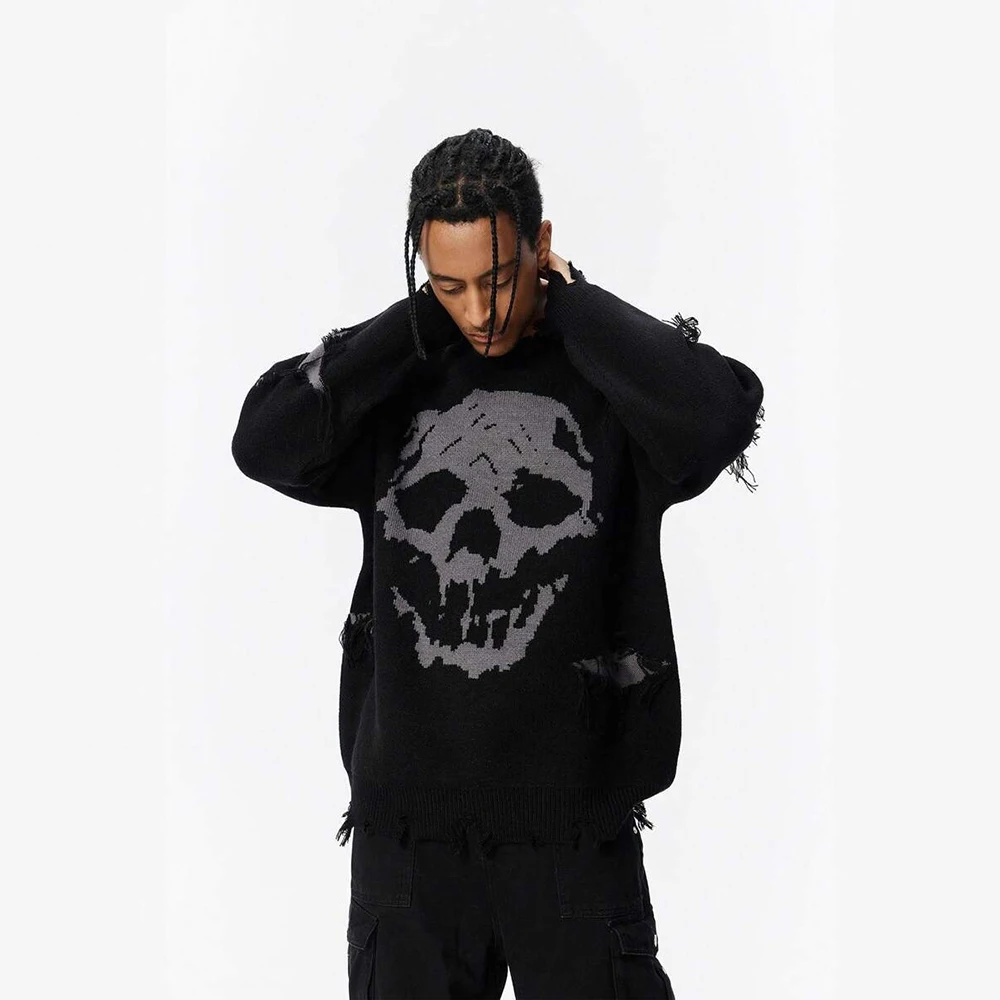 Autumn Winter Gothic Y2K Skull Jacquard Knitted Sweater, Unisex Round Neck Distressed Frayed Halloween Casual Pullover Tops