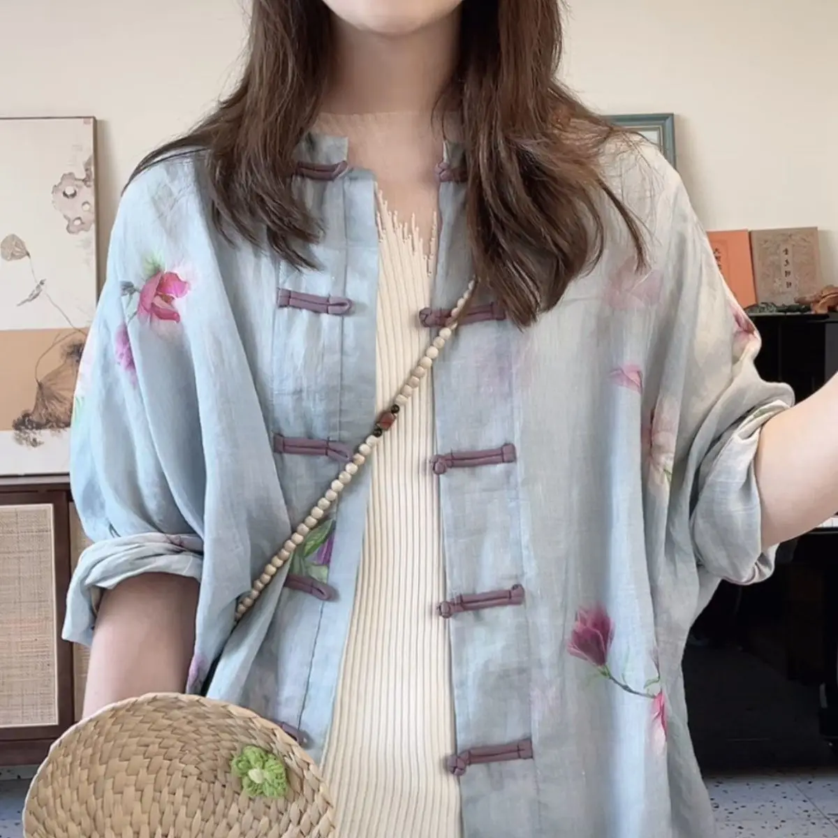 New Chinese Style Small Jacket Top Literary National Style Print Contrast Color Button Shirt Women