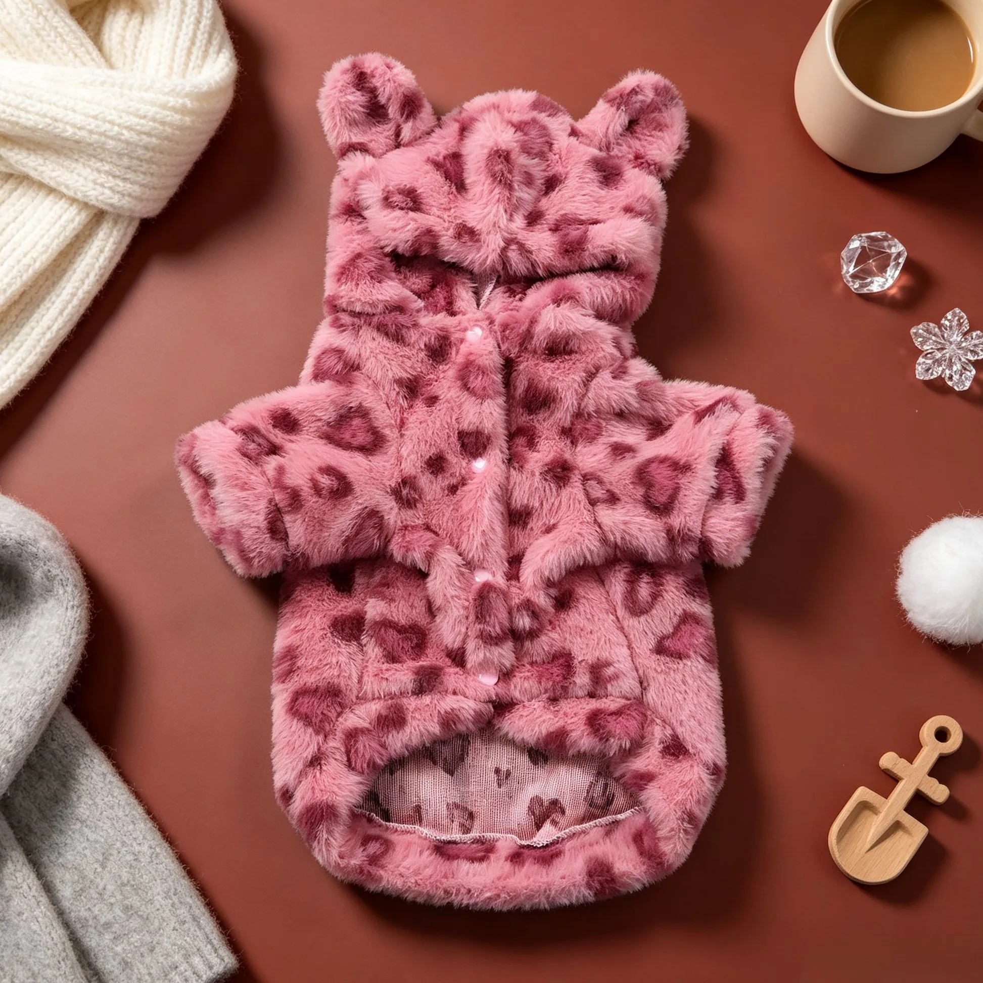 Hundejacke, Retro-Leopardenmuster, Kunstfell-Teddybär-Ohren, Kapuzenjacke mit Reißverschluss, dicke, flauschige, warme Haustierjacke – Detail 12