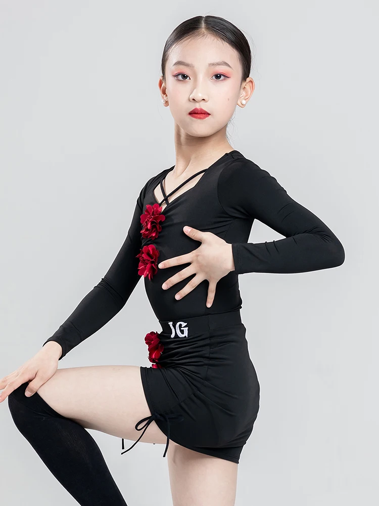 Kids Latin Dance Clothes Black Long Sleeves Practice Suit Flower Tops Skirt Cha Cha Rumba Performance Costume Winter DNV19162