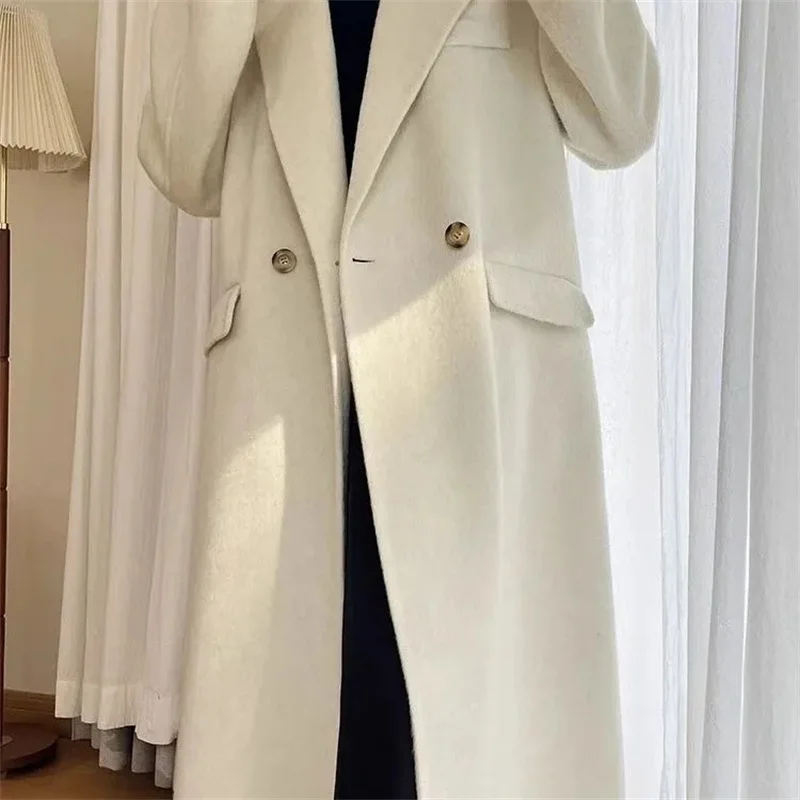 

Elegant Woolen Coat Women's Autumn Winter Knee-Length Overcoat Korean Style Hepburn Medium Length Outerwear for Women